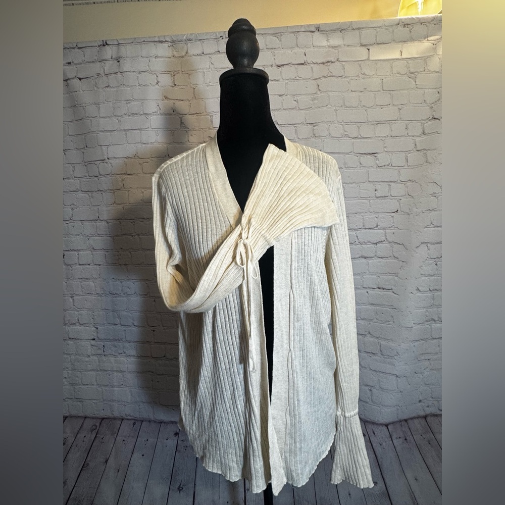 LC Lauren Conrad Womans Ivory Ribbed Open Cardigan Tie Cuff Sleeves Sz M